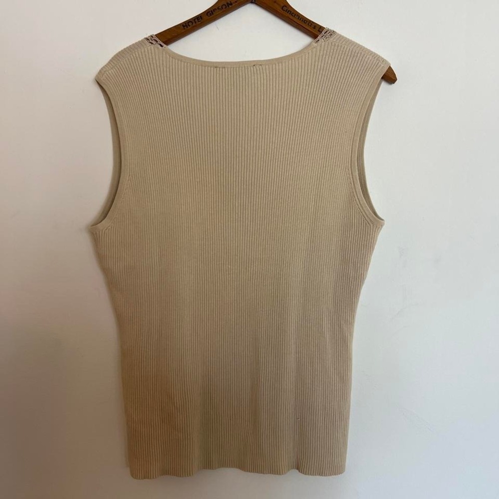 Vintage Y2K Silk Blend Minimalist Cream Tan Ribbed Knit Tank Top with Crochet - Picture 8 of 8